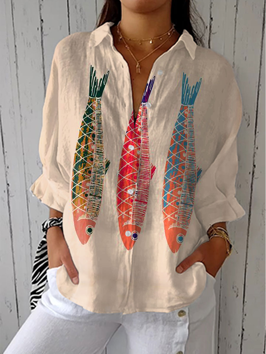 Women's  Fish Vintage Art Print Casual V-neck Shirt