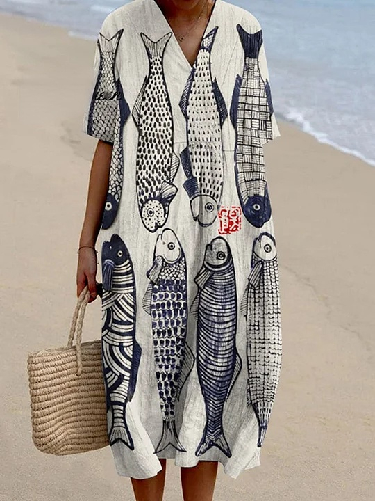 Women's Fish Japanese Art Pattern Linen Blend Dress