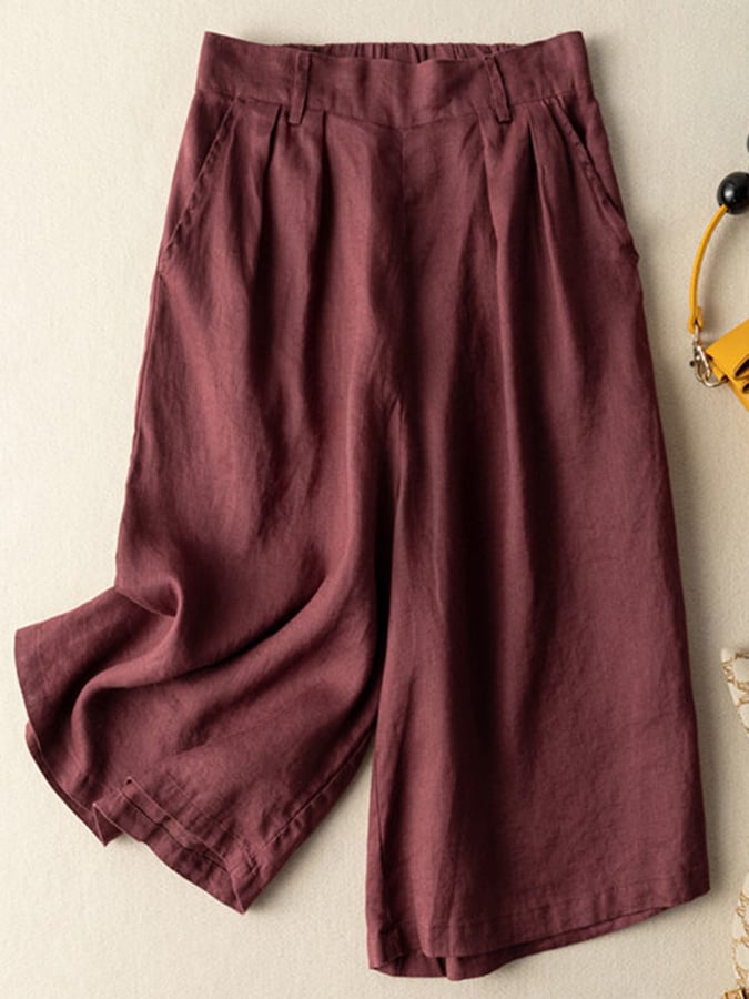 Cotton Thin Half Elastic Cropped Wide Leg Trousers