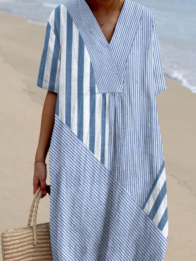 Women's Casual V Neck Striped Print Color Block Dress
