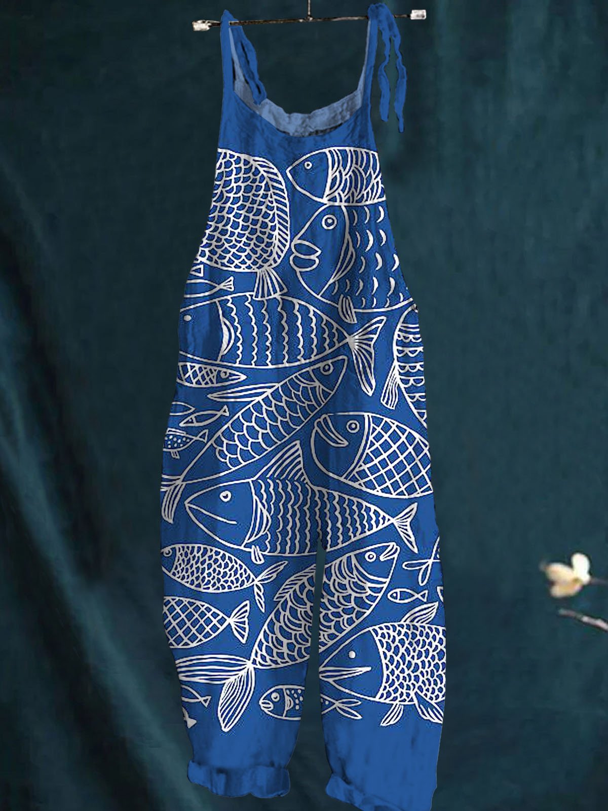 Women's Vintage Lovely Fish Art Print Casual 100% Cotton Wide Leg Jumpsuit