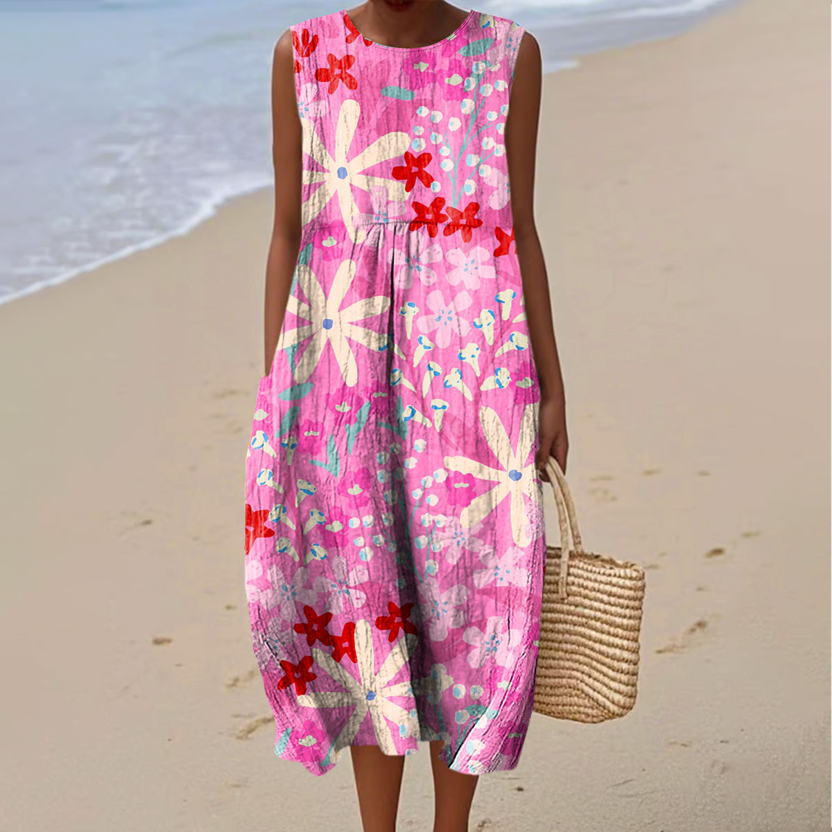 Women's Vintage Floral Art Print Sleeveless Cotton Pocket Wrap Dress