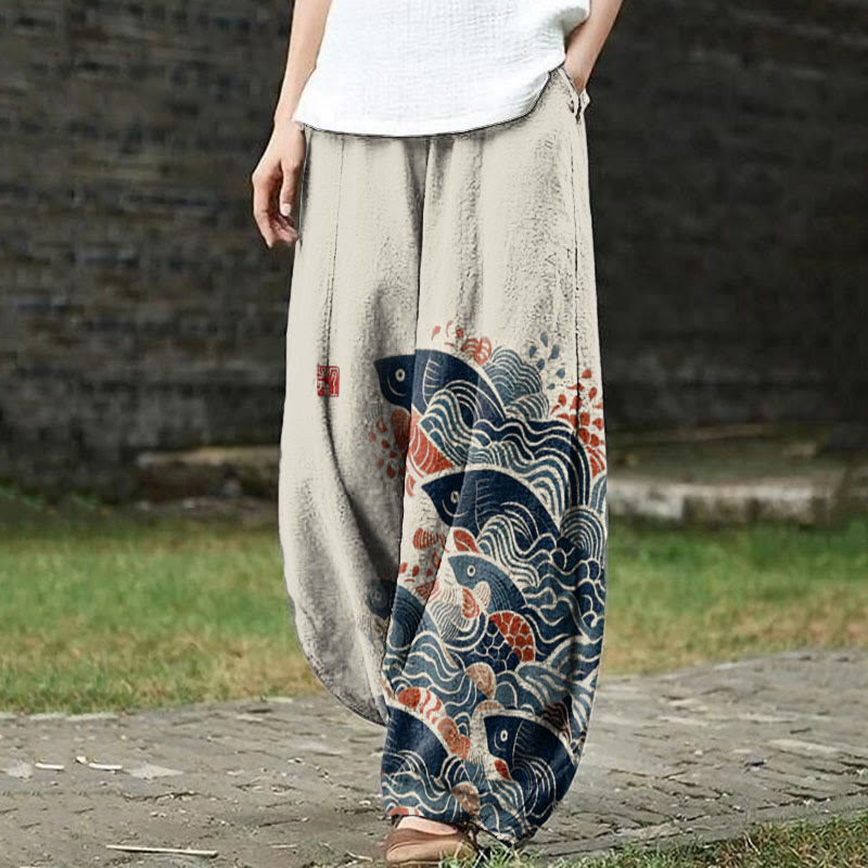 Japanese Art Carp Print Casual Pants