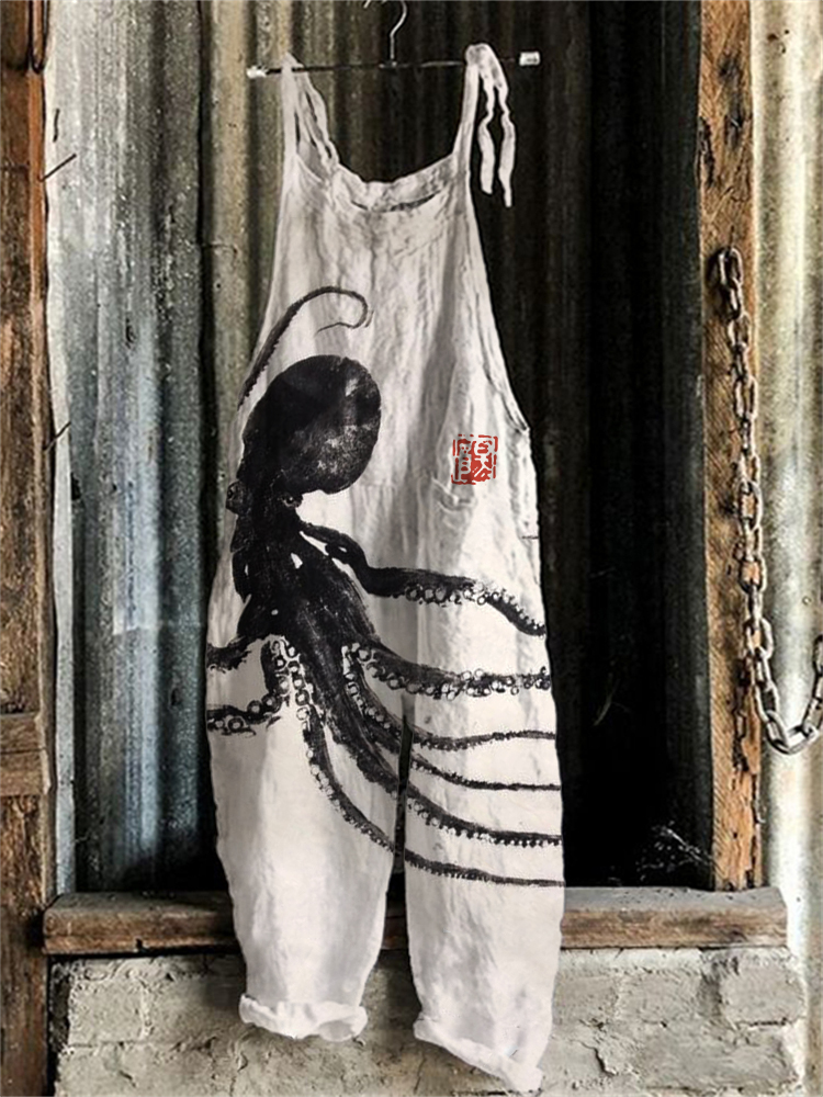 Octopus Japanese Ink Art Linen Blend Casual Jumpsuit