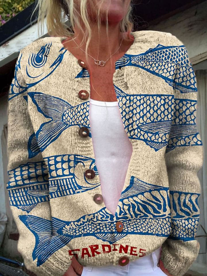 Vintage Fish Sardines Art Print Buttoned Cardigan Sweater