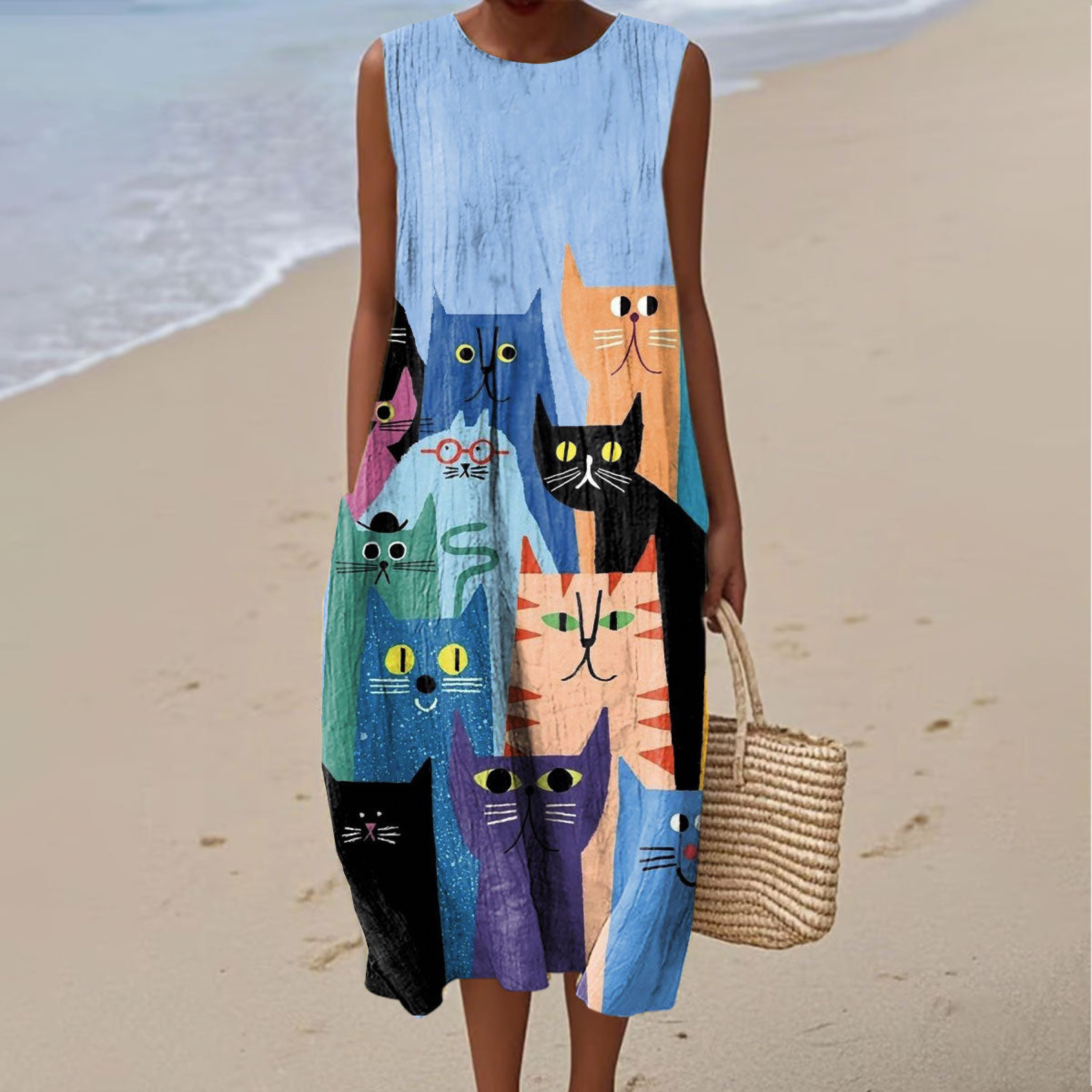 Women's Fashion Colorblock Cat Art Print Sleeveless Dress