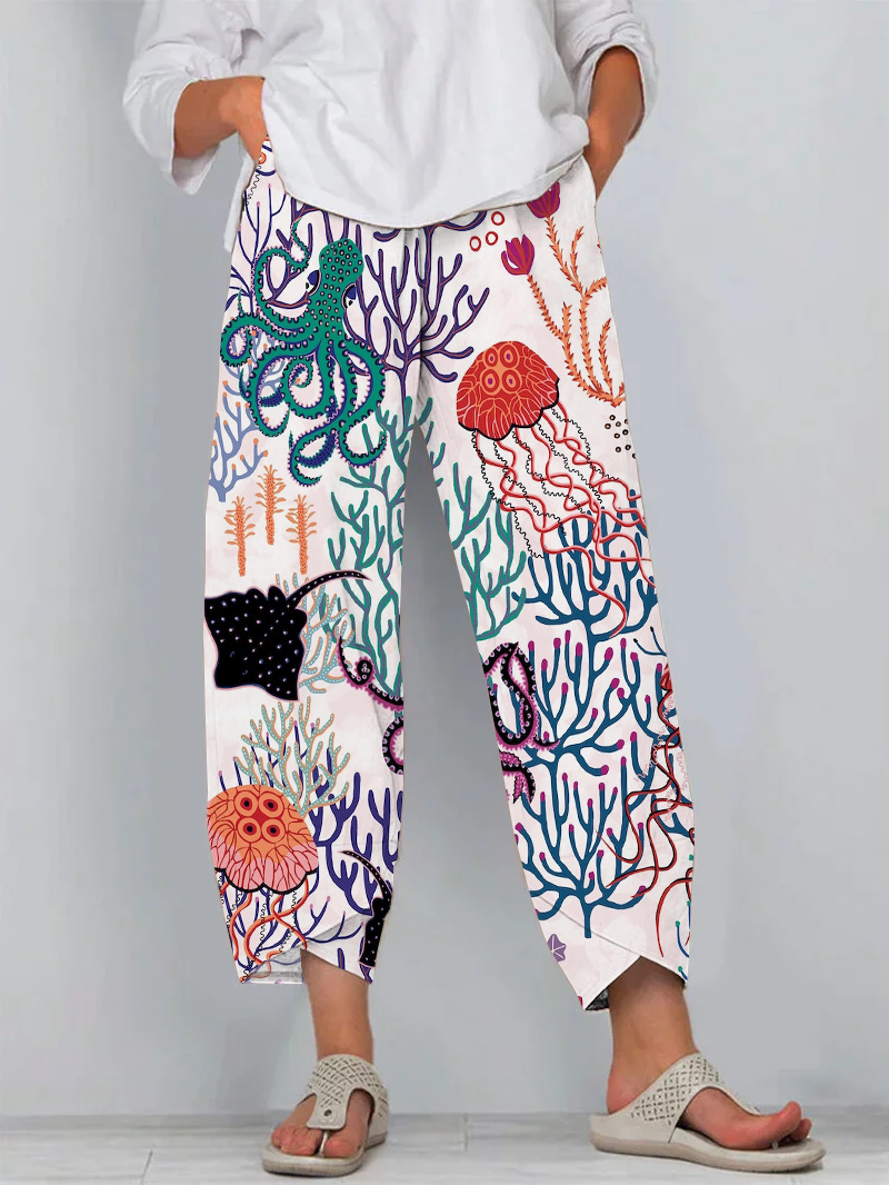 Casual Deep Sea Art Print Cropped Pants
