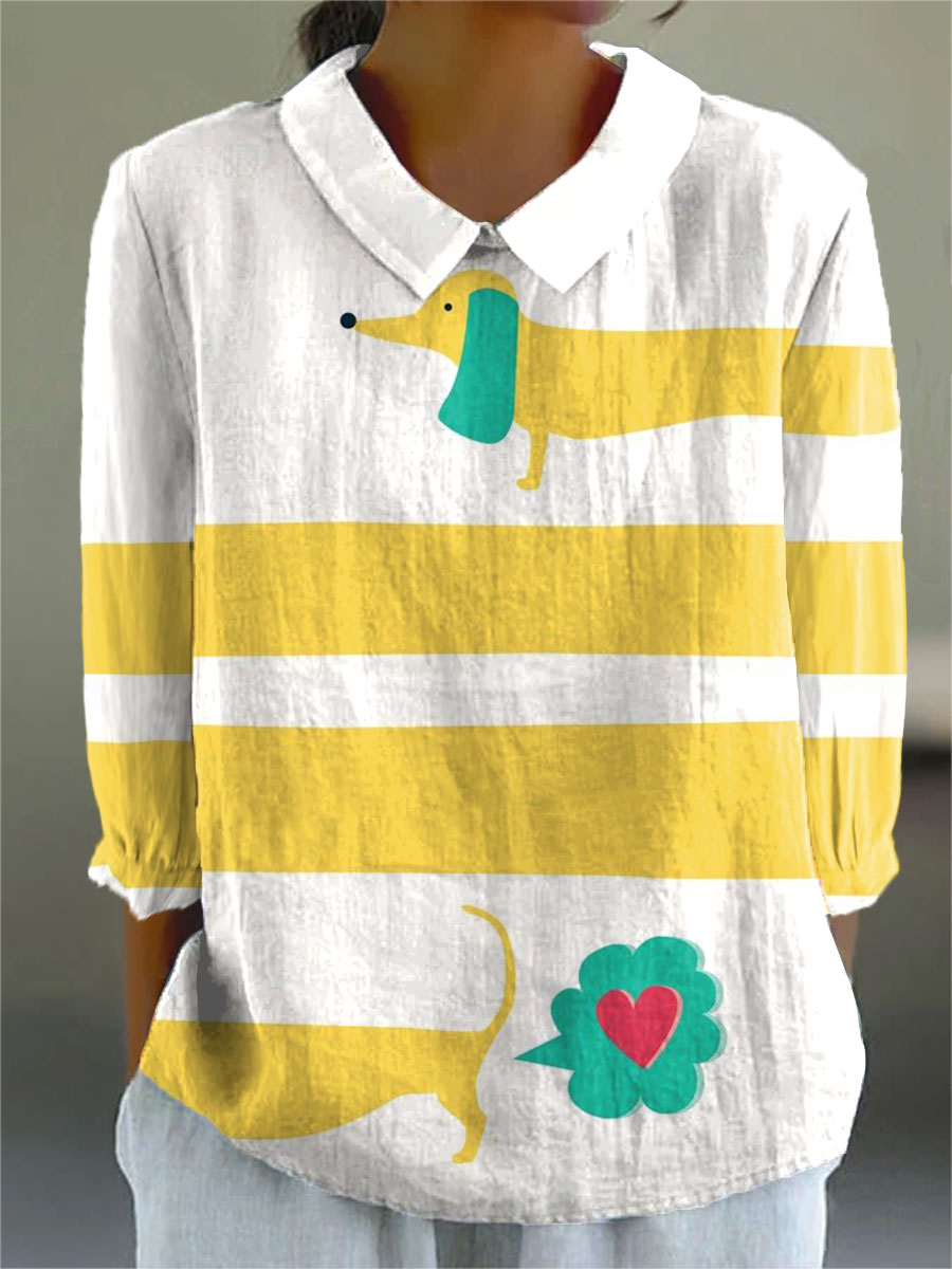 Women's Vintage  Dachshund Art Print Casual 3/4 Sleeve Shirt