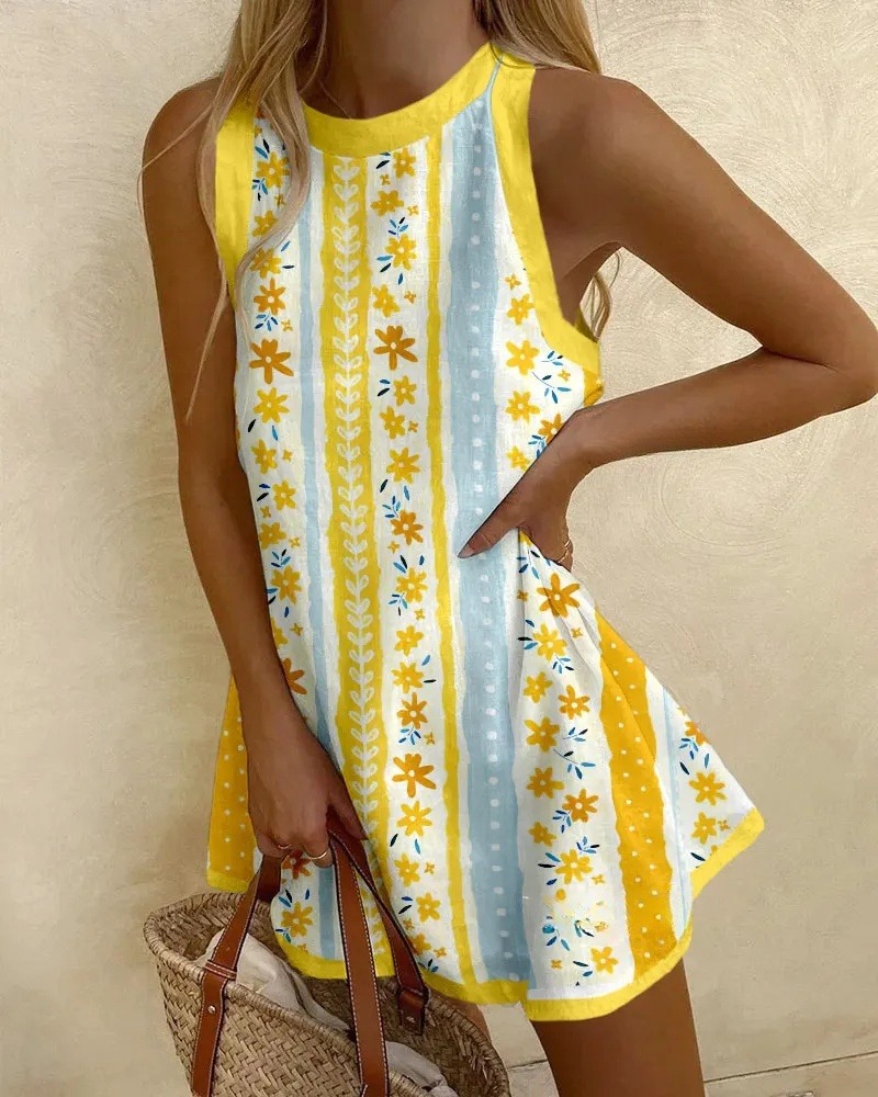 Yellow Floral Print Mini Dress