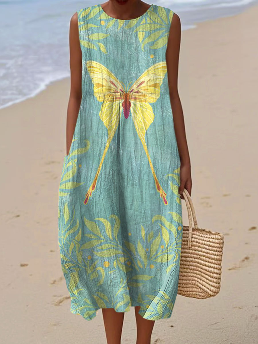 Women's Vintage Flower  Butterfly Art Print Sleeveless Cotton Pocket Wrap Dress