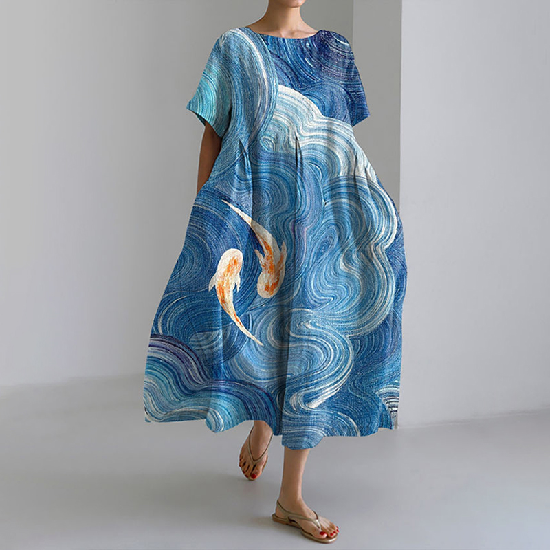 Japanese Art Wave Goldfish Print Casual Midi Dress