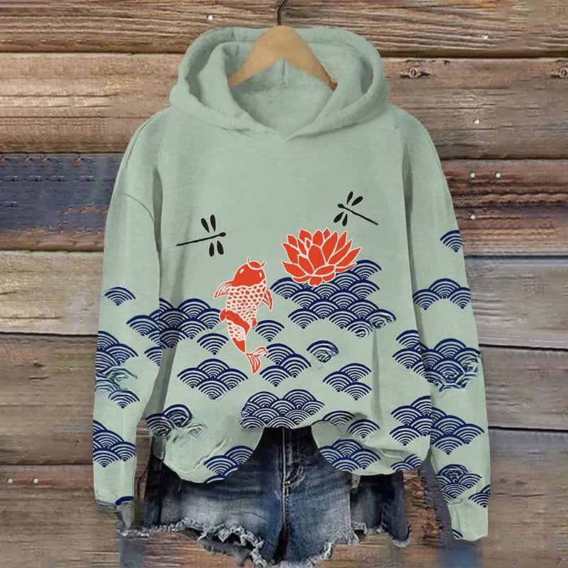 Japanese Style Koi Fish Dragonfly Wave Art Print Casual Long Sleeve Hoodie
