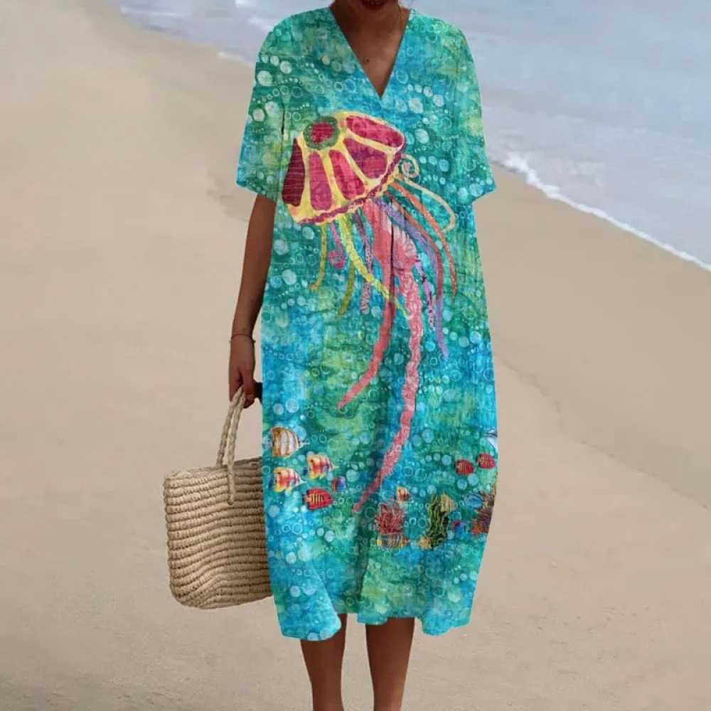 Creative Bubble Jellyfish Oil Painting Print Short Sleeved Casual Midi Dress
