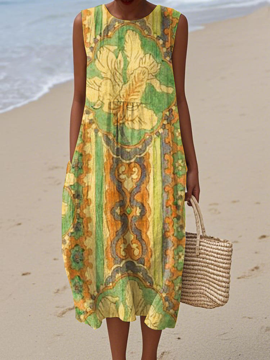 Women's Vintage Beautiful Ethnic Floral Art Print Sleeveless Cotton Pocket Wrap Dress