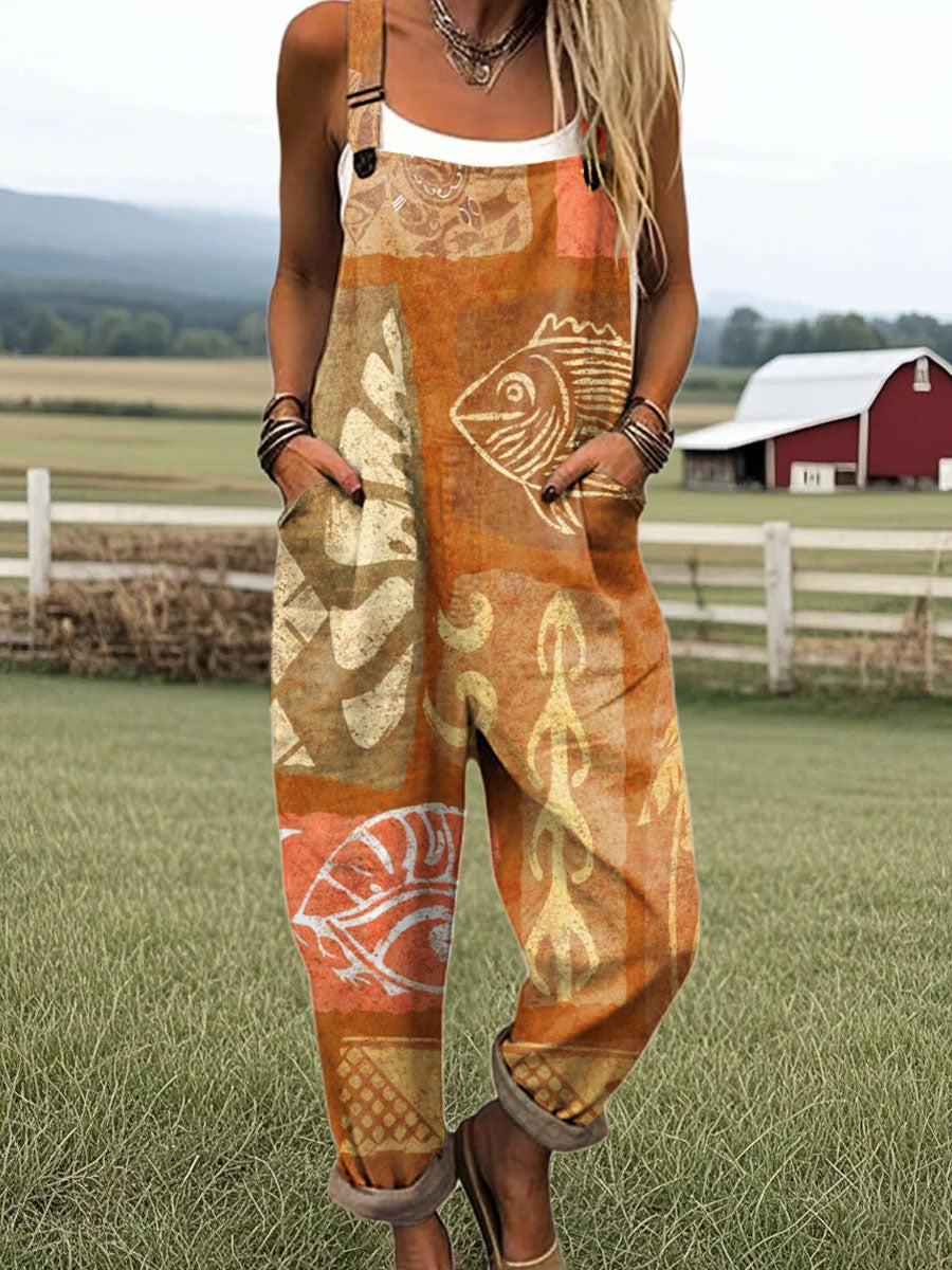 Women's Vintage Fish Art Print Casual 100% Cotton Wide Leg Jumpsuit