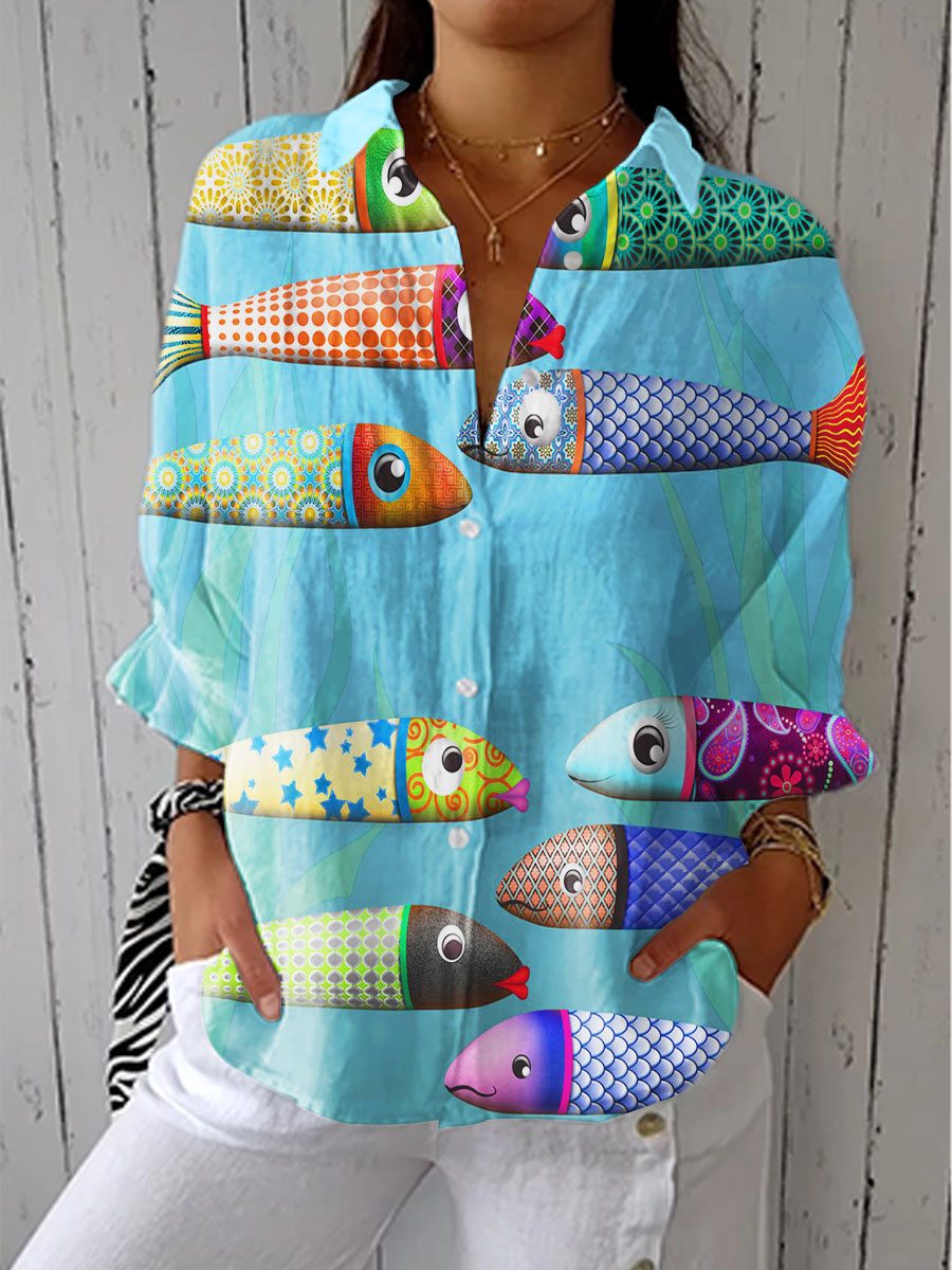 Women's Colorful Fish Art Print Casual V-neck Shirt