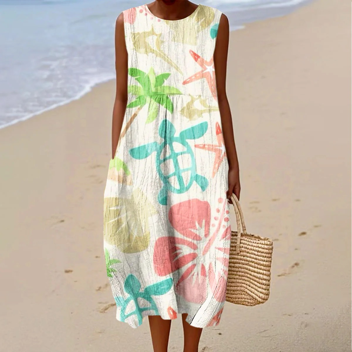 Women's Vintage Marine Life Turtle Art Print Sleeveless Linen Pocket Wrap Dress