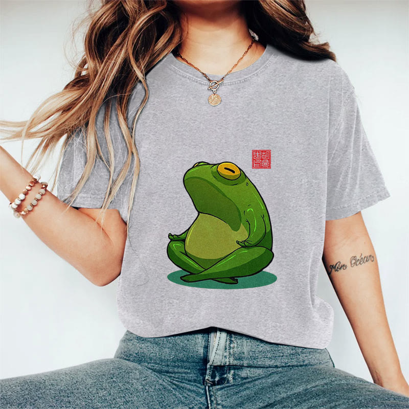 100% Cotton Frog Meditation Art Print Casual T-shirt