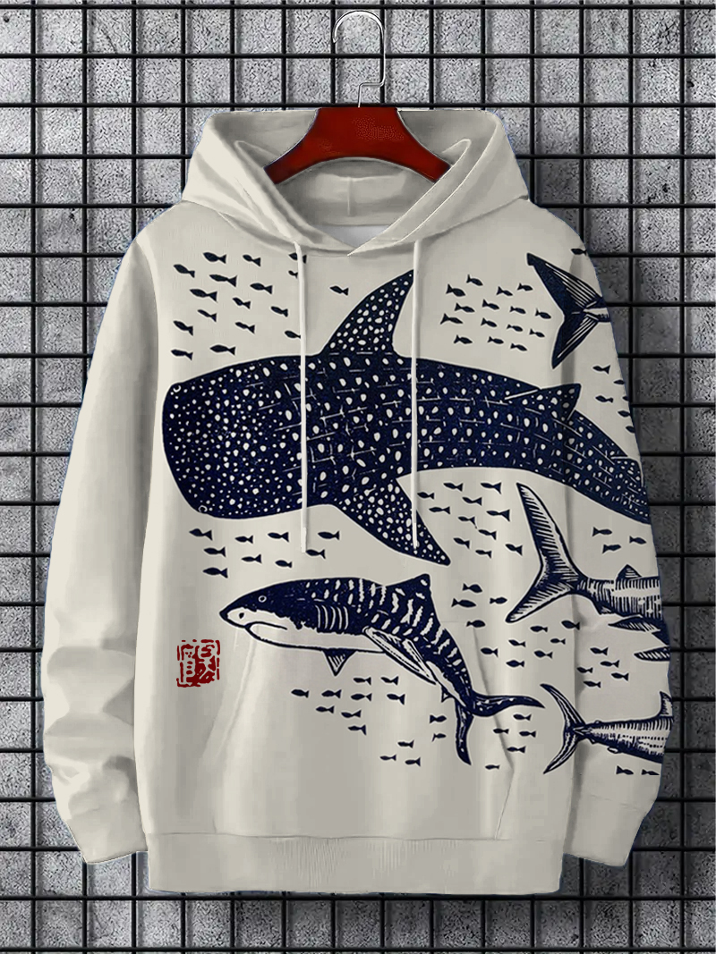 ⚡Clearance Sale⚡Men's Sharks Sea Fish Japanese Lino Art Print Hooded Sweatshirt