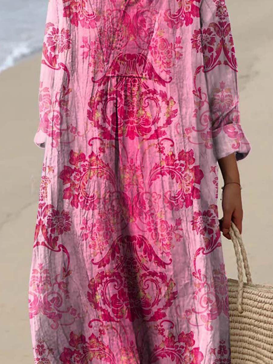 Women's Vintage Lovely Floral Art Print Flowy Dress