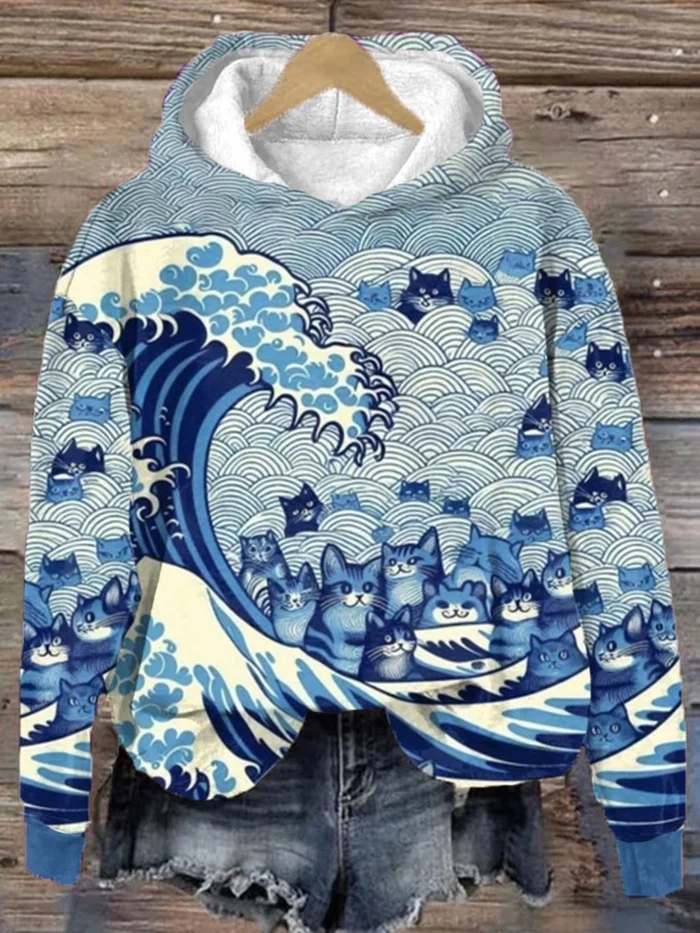 Women's Blue Waves & Cats Print Casual Hoodie