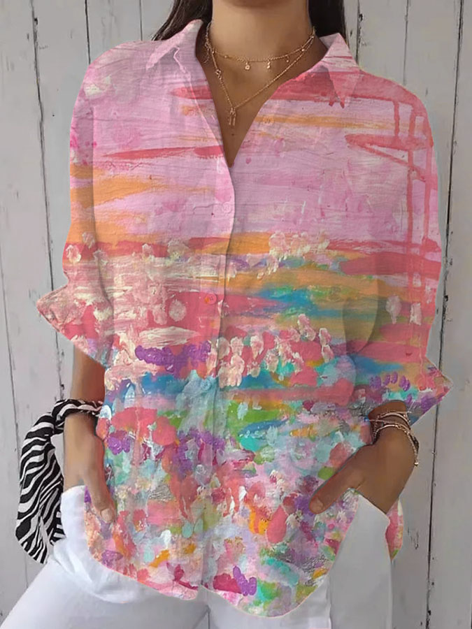 Women's  Pink Vintage Abstract Geometric Art Print Casual Linen V-neck Shirt