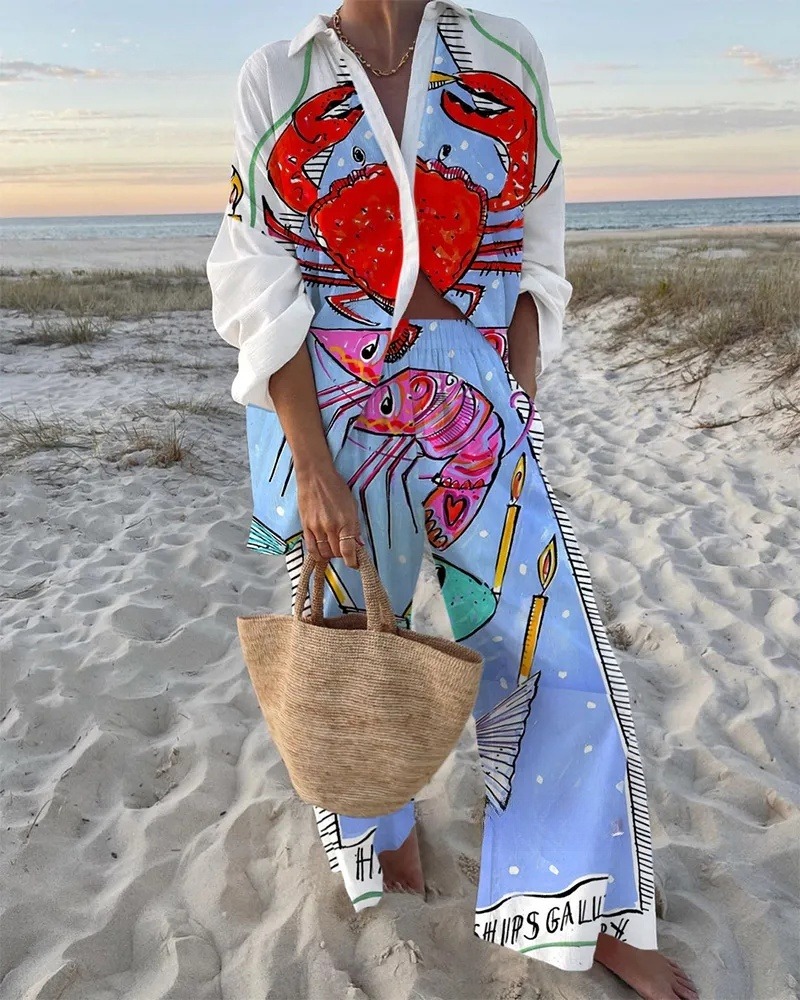 Holiday Shrimp And Crab Fish Print Sleeveless Mini Dress