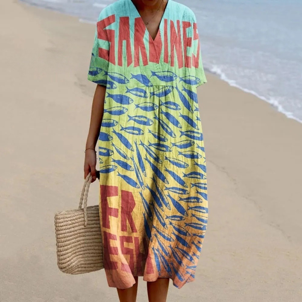 Vintage Symphony Fish Rainbow Sardines Art Pattern Printed Women's Flowy Dress