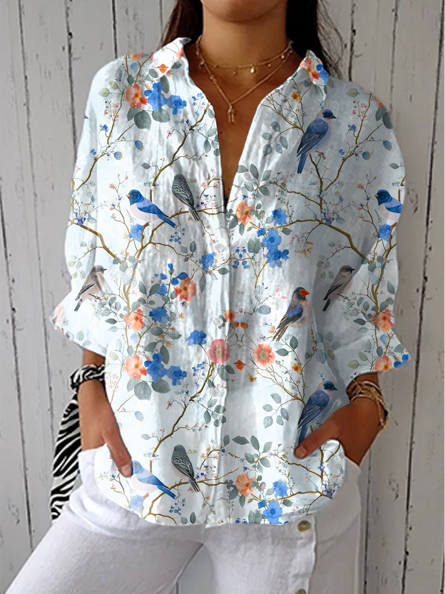 Women's Vintage Flowers Birds Art Print Casual V-neck Shirt
