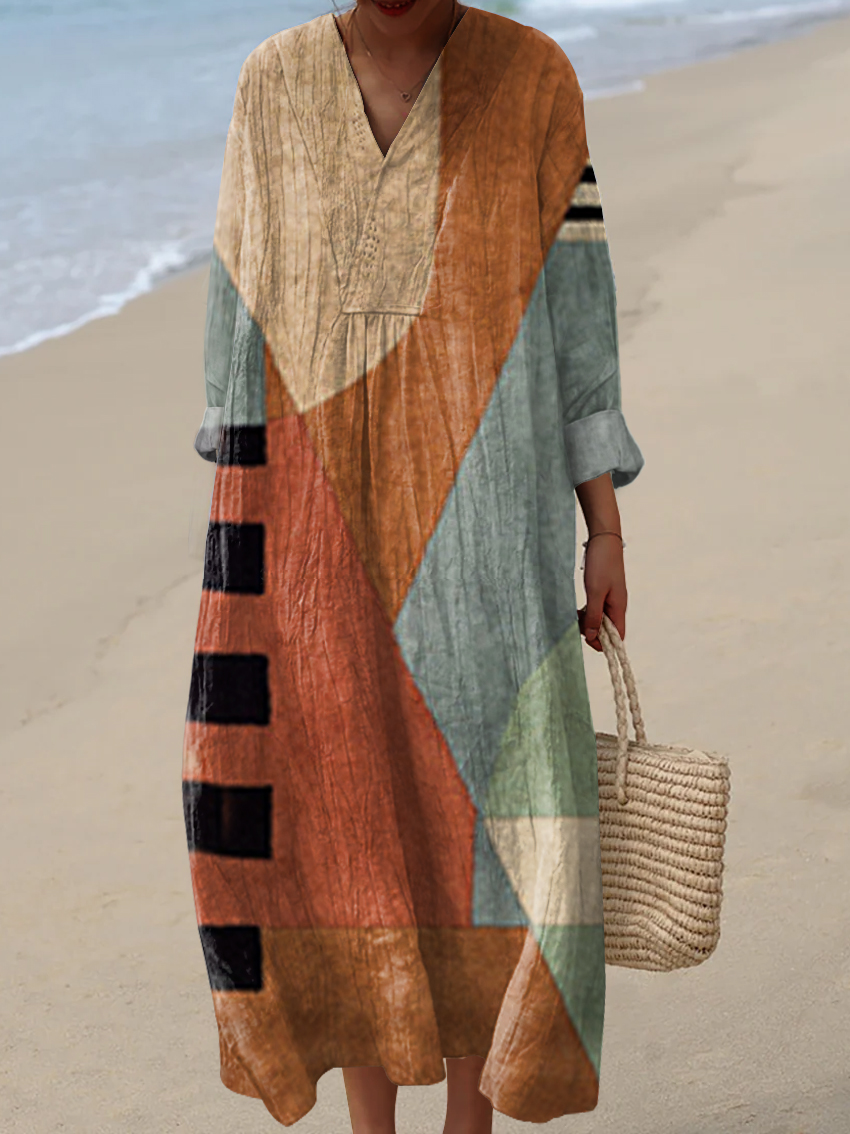 Women's Vintage Abstract Geometry Art Print Casual 3/4 Sleeve Shirt