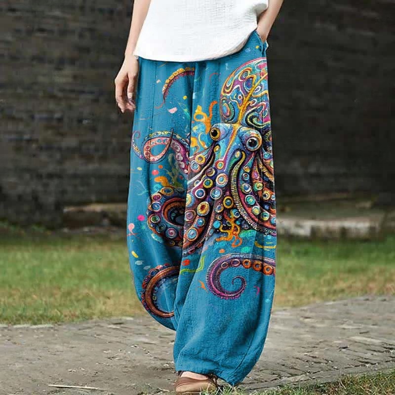 Vintage Rainbow Octopus Art Print Casual Pants