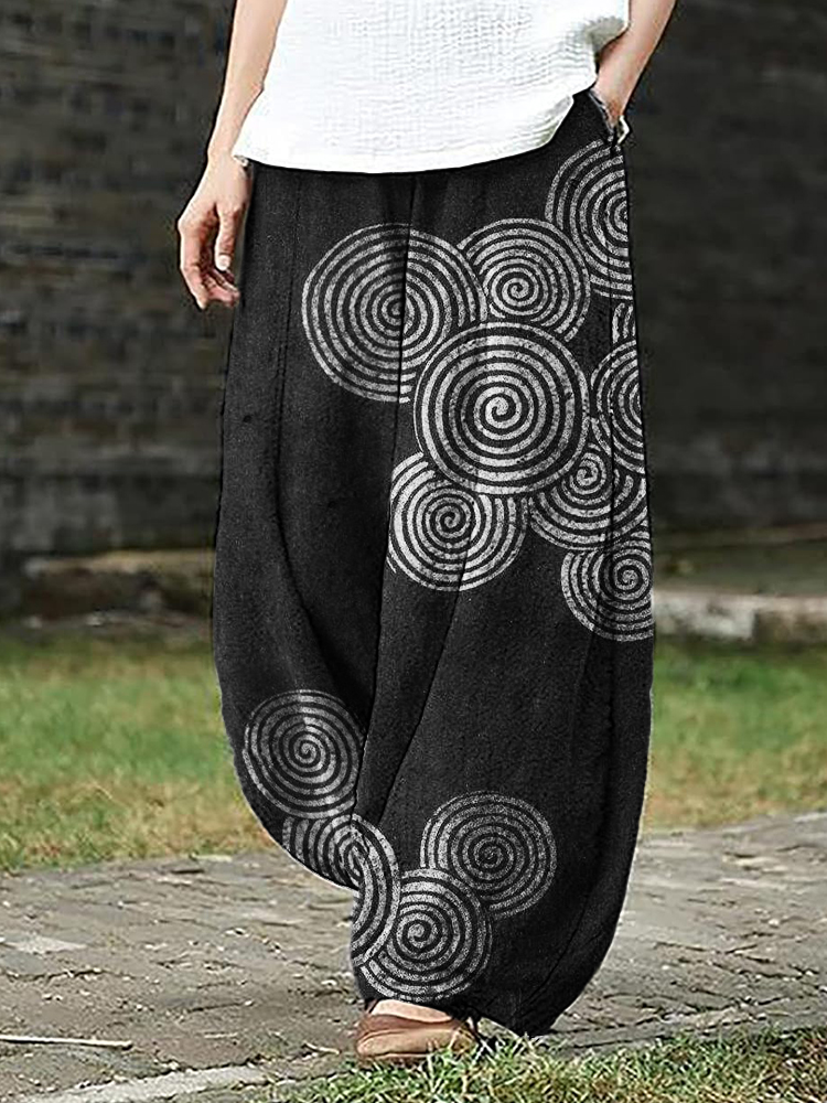 Sea Waves Ripples Japanese Lino Art Flowy Wide Leg Pants