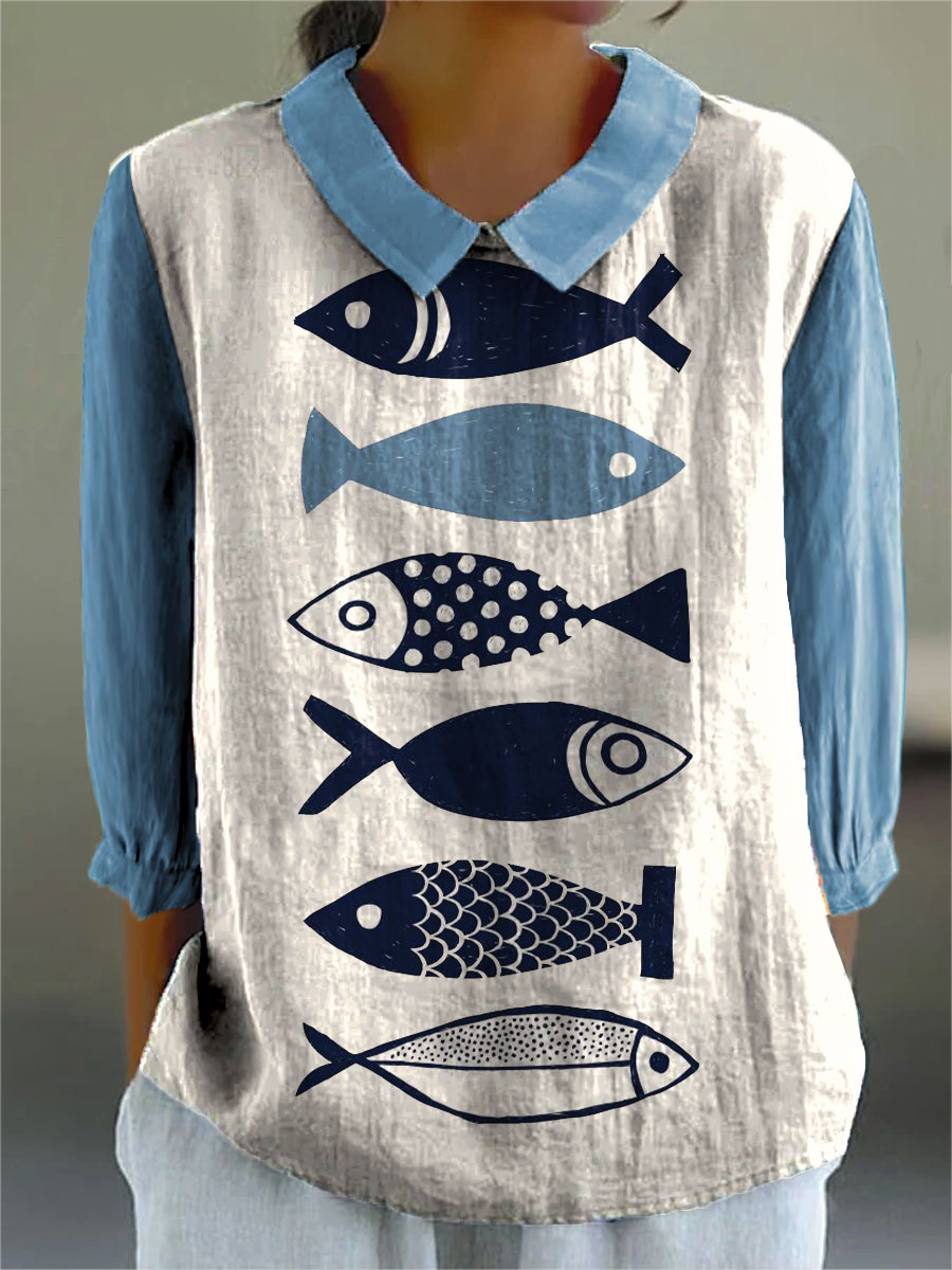Women's Vintage Fish Art Print Casual 3/4 Sleeve Shirt