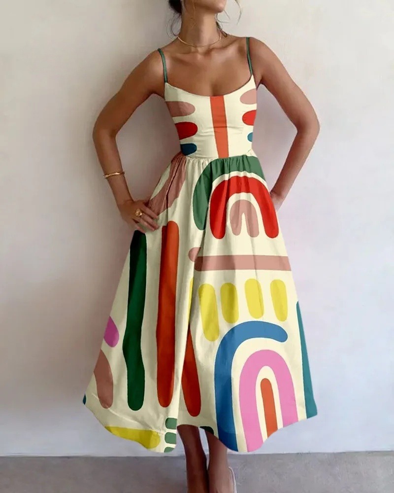 Casual Random Line Printed Slip Dress