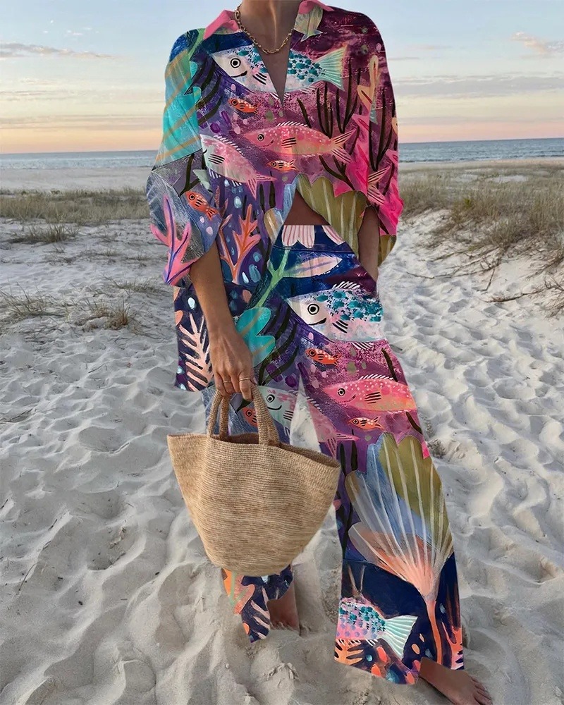 Underwater World Print Shirt & Pants Two-Piece Set