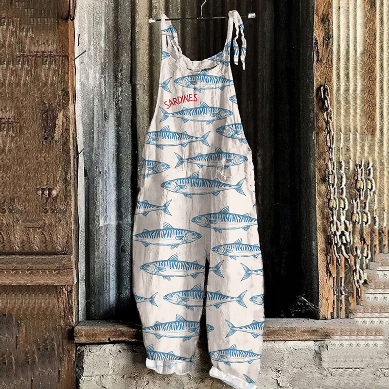 Retro Sardinas Fish Art Print Loose Casual Jumpsuit