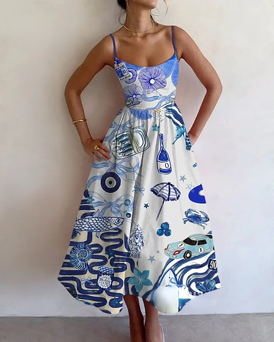 Ocean Life Printed Sling Dress