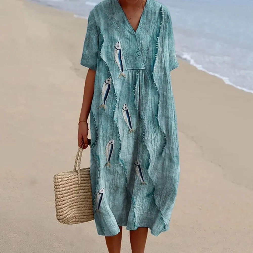 Fish & Sea Waves Sequin Embroidered Flowy Dress