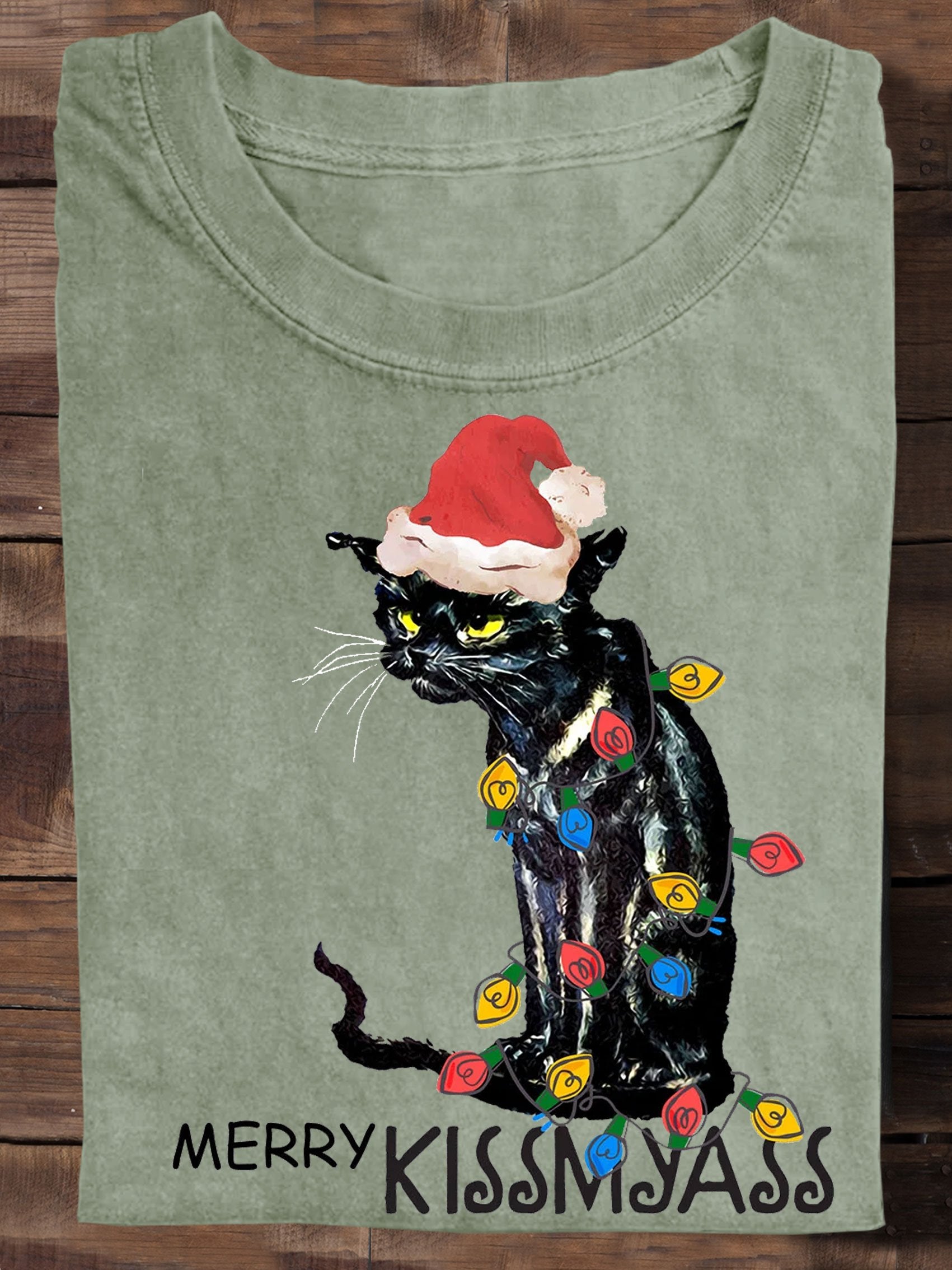 Merry Kissmyass Funny Cat Christmas LightsT-shirt