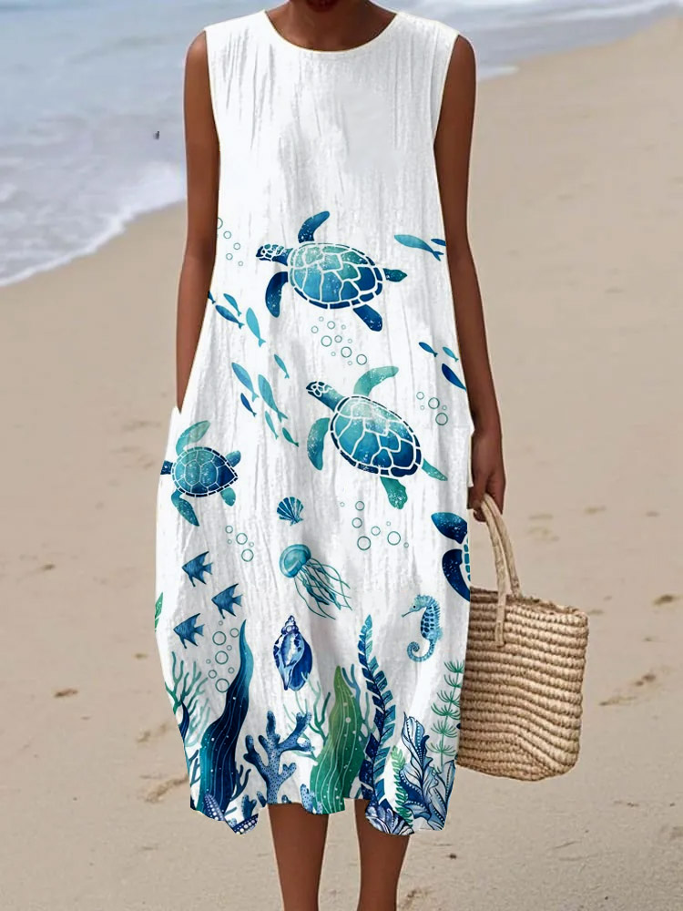 Women'S Holiday Style Turtle Pattern Print Sleeveless Cotton Pocket Wrap Dress