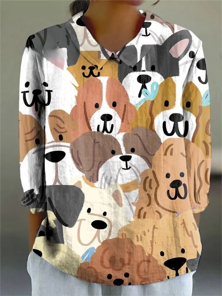 Cartoon Dog Print Cotton and Lapel Long Sleeve Shirt