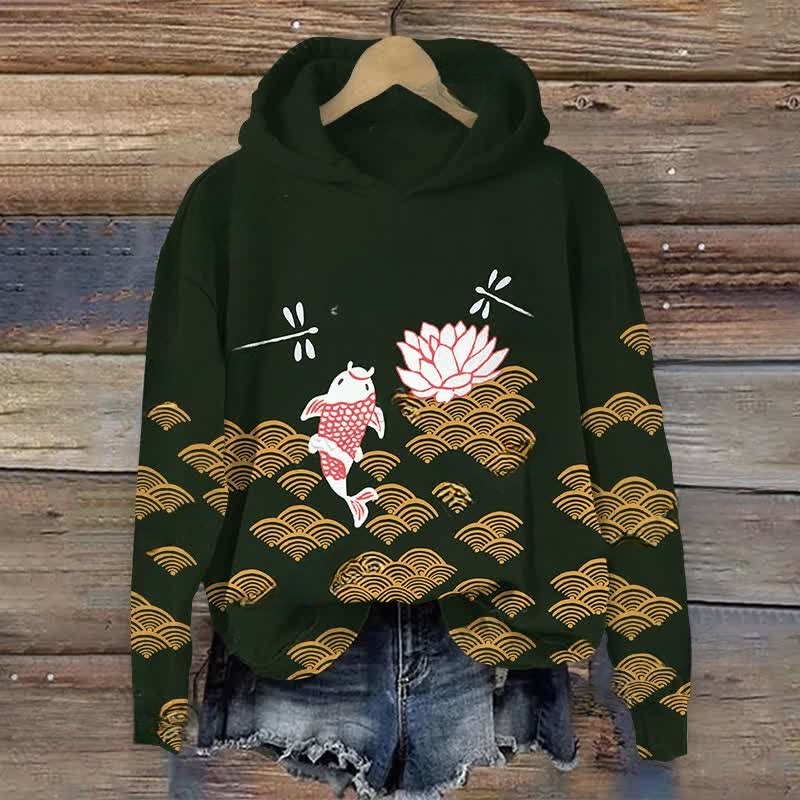 Japanese Style Koi Fish Dragonfly Wave Art Print Casual Long Sleeve Hoodie