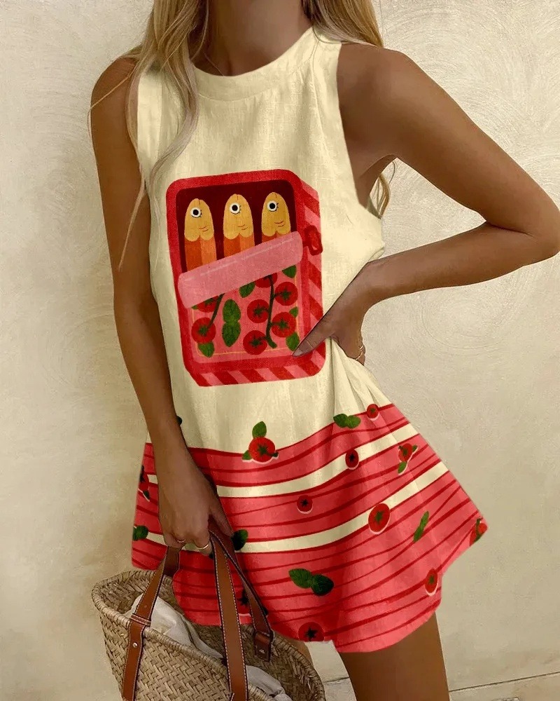 Fun Canned Fish Printed Sleeveless Dress