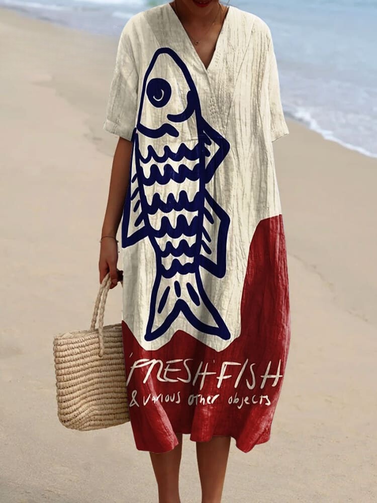 Women's Vintage Fish Art Print Cotton And Linen Casual Pants