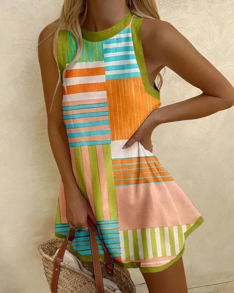 Color Matching Stripe Print Mini Dress