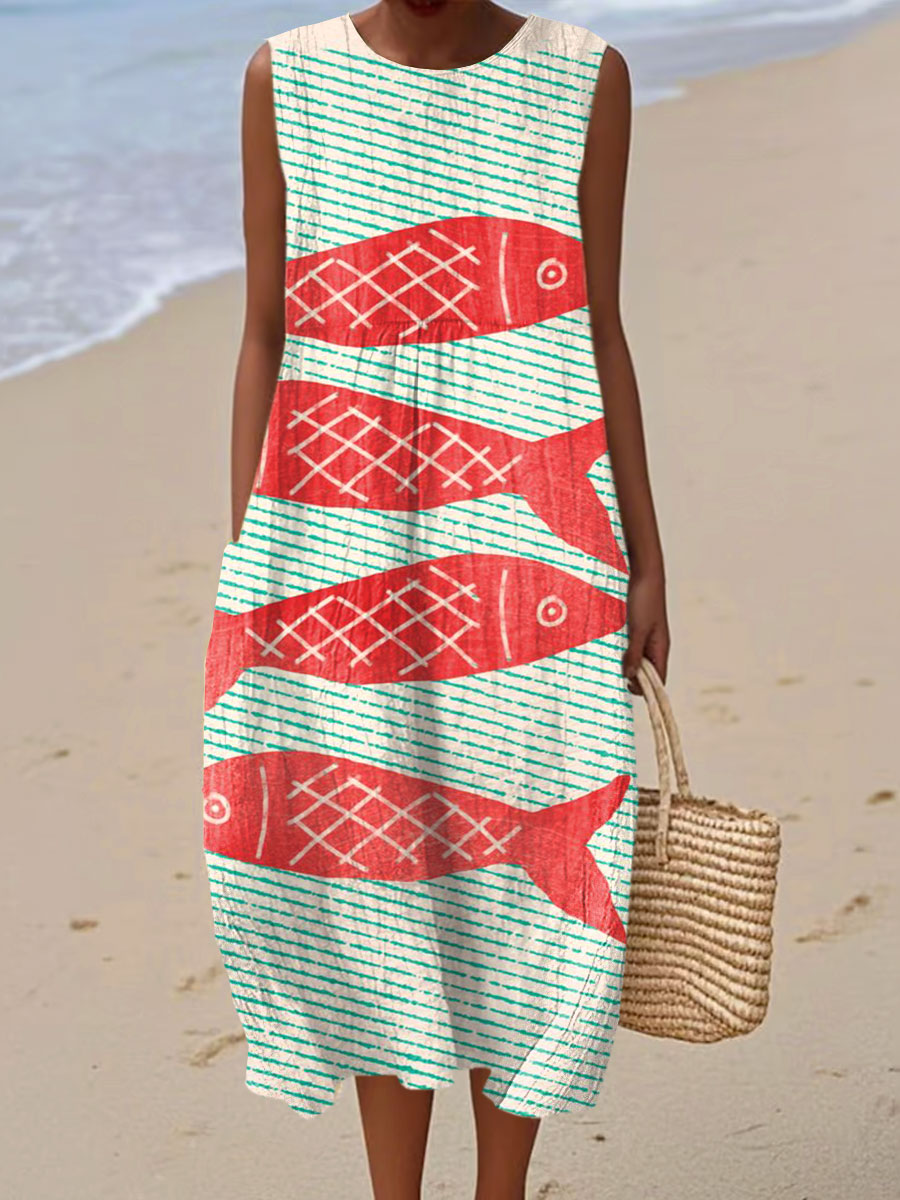 Women's Fish Vintage Art Print Sleeveless Cotton Pocket Wrap Dress
