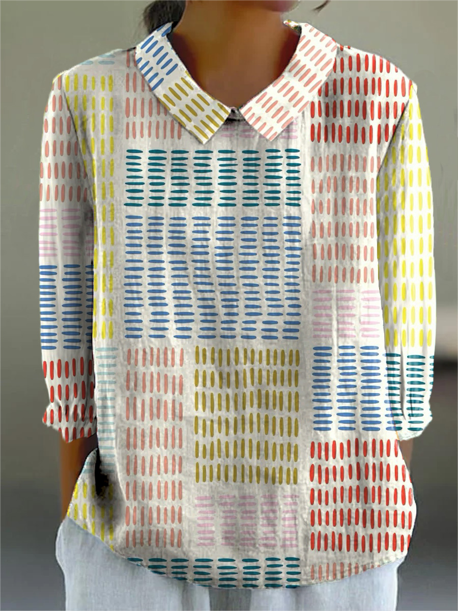 Multicolor Geometric Pattern Printed Women's Casual 3/4 Sleeve Shirt
