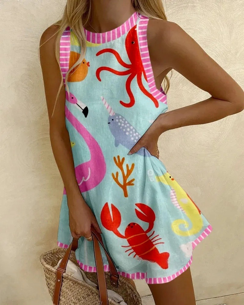 Ocean Kingdom Printed Sleeveless Mini Dress
