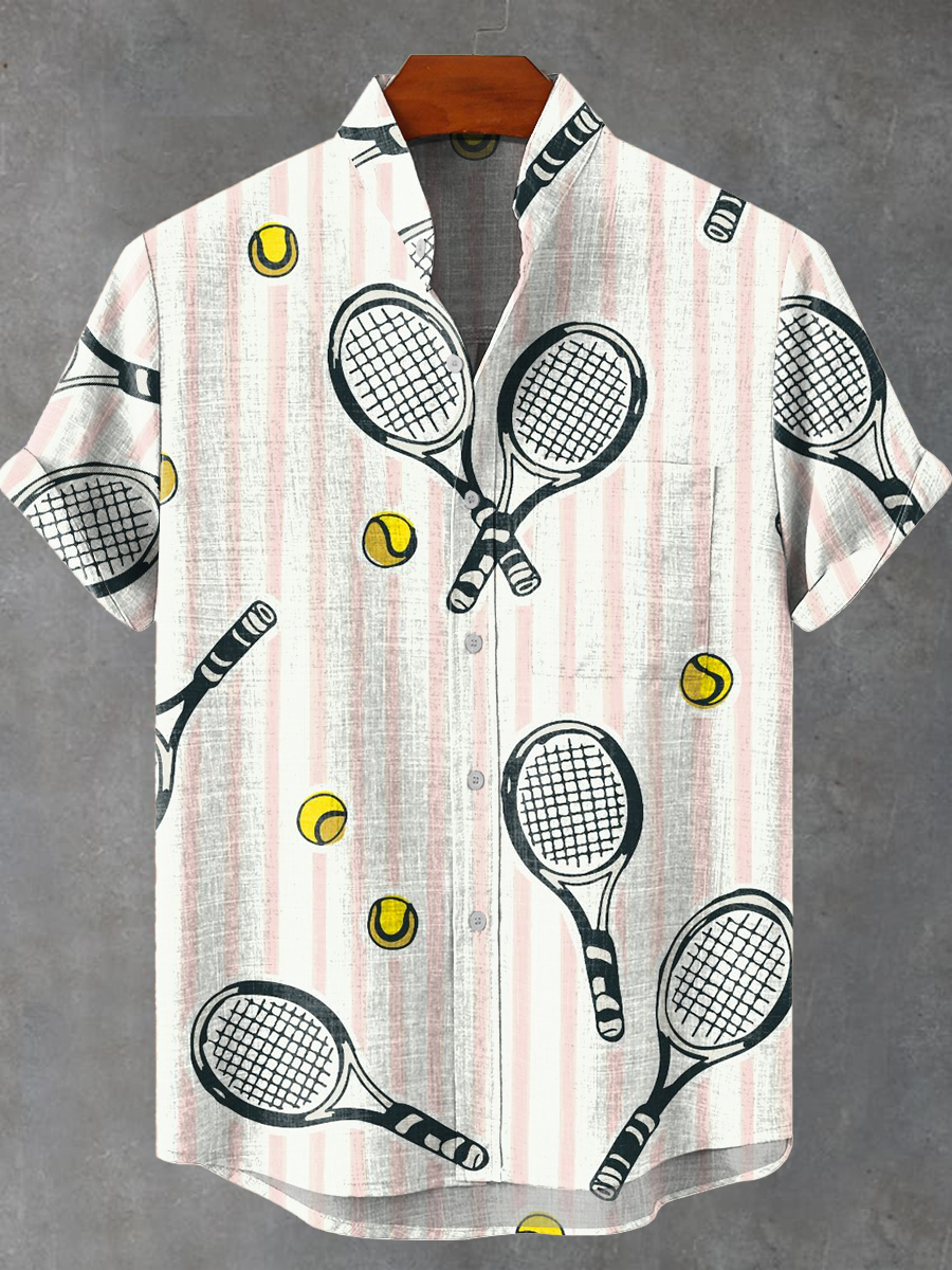 Tennis Ball and Vertical Stripes Decorative Pattern Casual Shirt