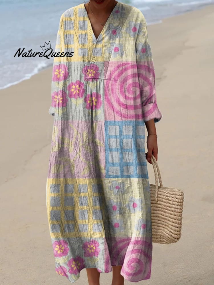 Women's Vintage Lovely Floral Art Print Flowy Dress